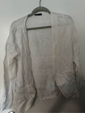 Women’s White Linen Open-Front Lace-Trim Jacket